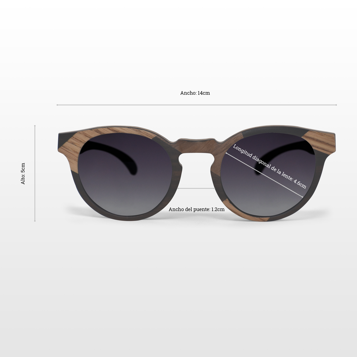 Lentes solares de madera mixta en capas con lentes grises polarizados color humo. Actitud Espontánea.  Inspiras a todo el que te rodea por que irradias alegría en todo momento, eres genial. Lentes Solares de Madera Alegría.