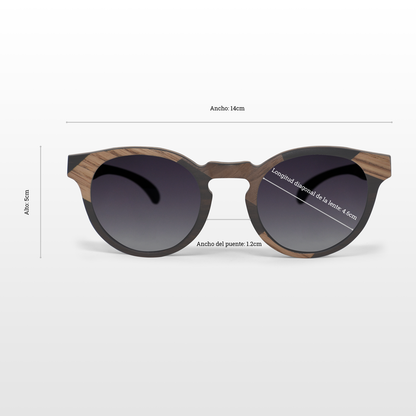 Lentes solares de madera mixta en capas con lentes grises polarizados color humo. Actitud Espontánea.  Inspiras a todo el que te rodea por que irradias alegría en todo momento, eres genial. Lentes Solares de Madera Alegría.