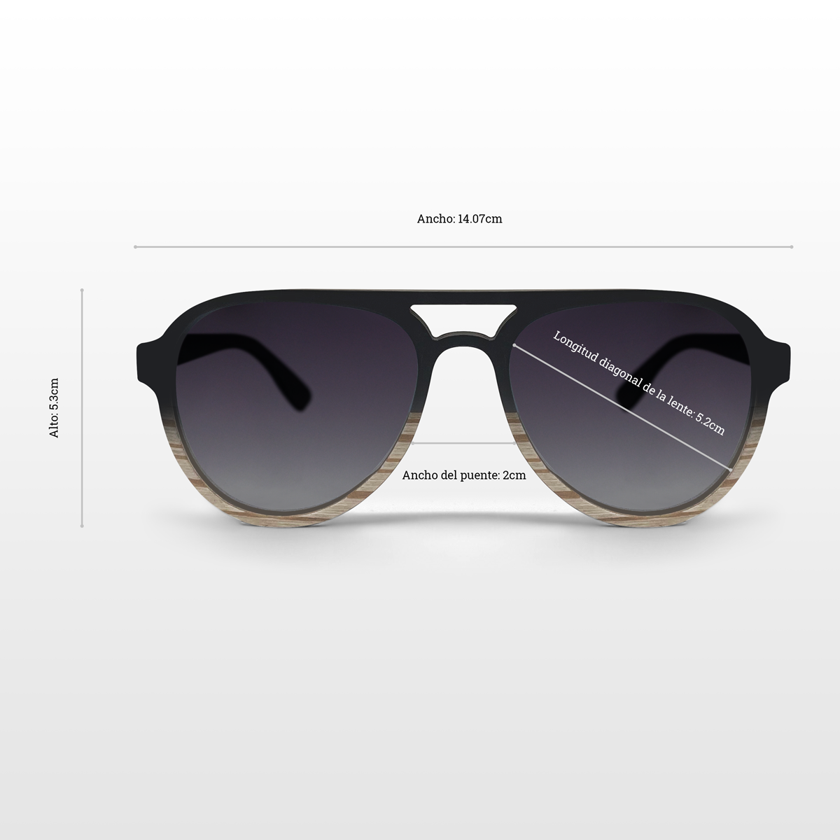 Lentes solares de madera chapada en doble color con lentes polarizados en color humo. Actitud Ecléctica.  Eres escandaloso, te gusta la velocidad, te despreocupa lo que digan o piensen de ti. Lentes Solares de Madera Piloto.