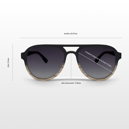 Lentes solares de madera chapada en doble color con lentes polarizados en color humo. Actitud Ecléctica.  Eres escandaloso, te gusta la velocidad, te despreocupa lo que digan o piensen de ti. Lentes Solares de Madera Piloto.