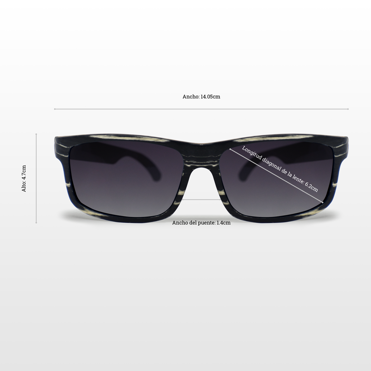Lentes solares de madera chapada en ébano color negro con vetas en color blanco con lentes polarizados en color humo. Actitud Salvaje.  Despiertas pensando en nuevos caminos y nuevos retos, te gusta la naturaleza en su ámbito salvaje. Lentes Solares de Madera Viajero Cebra.