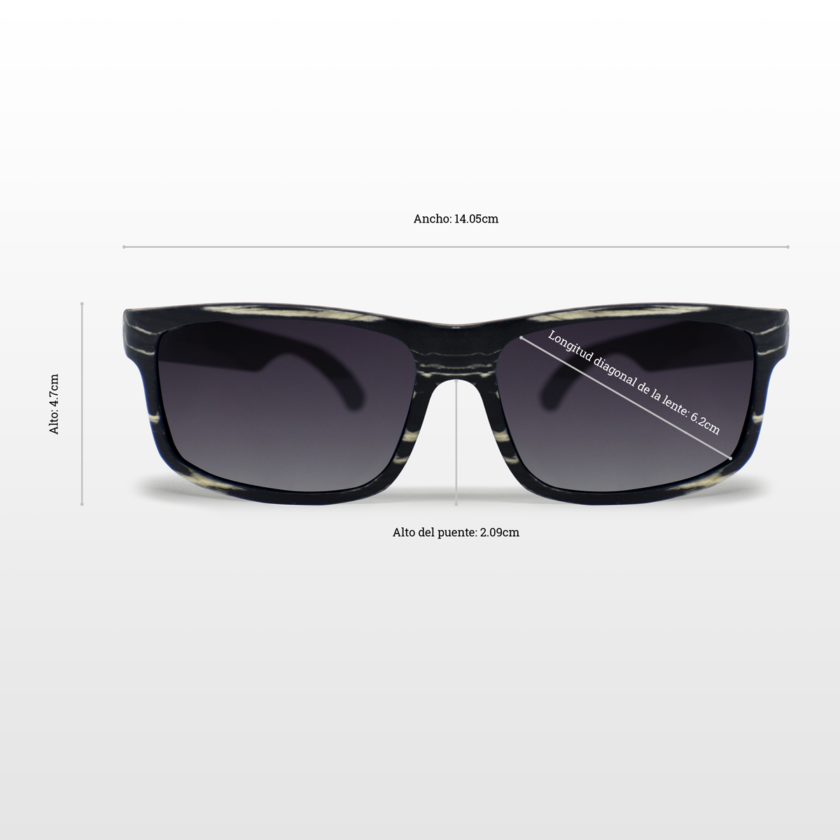 Lentes solares de madera chapada en ébano color negro con vetas en color blanco con lentes polarizados en color humo. Actitud Salvaje.  Despiertas pensando en nuevos caminos y nuevos retos, te gusta la naturaleza en su ámbito salvaje. Lentes Solares de Madera Viajero Cebra.